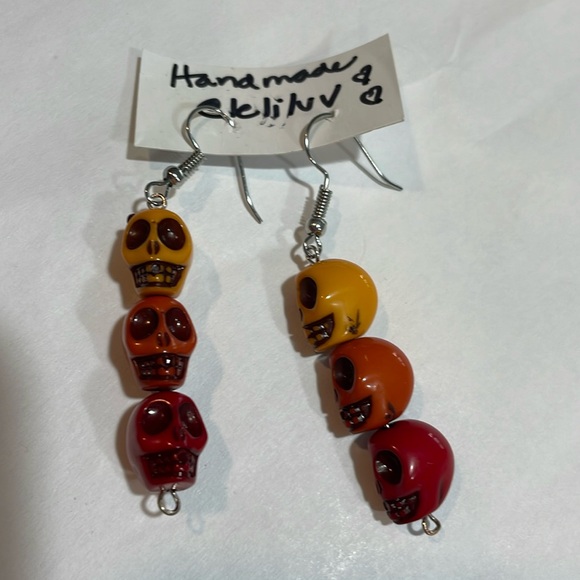 Handmade Halloween skull earrings! Dangling yellow, orange and red skulls, New! - Picture 2 of 5